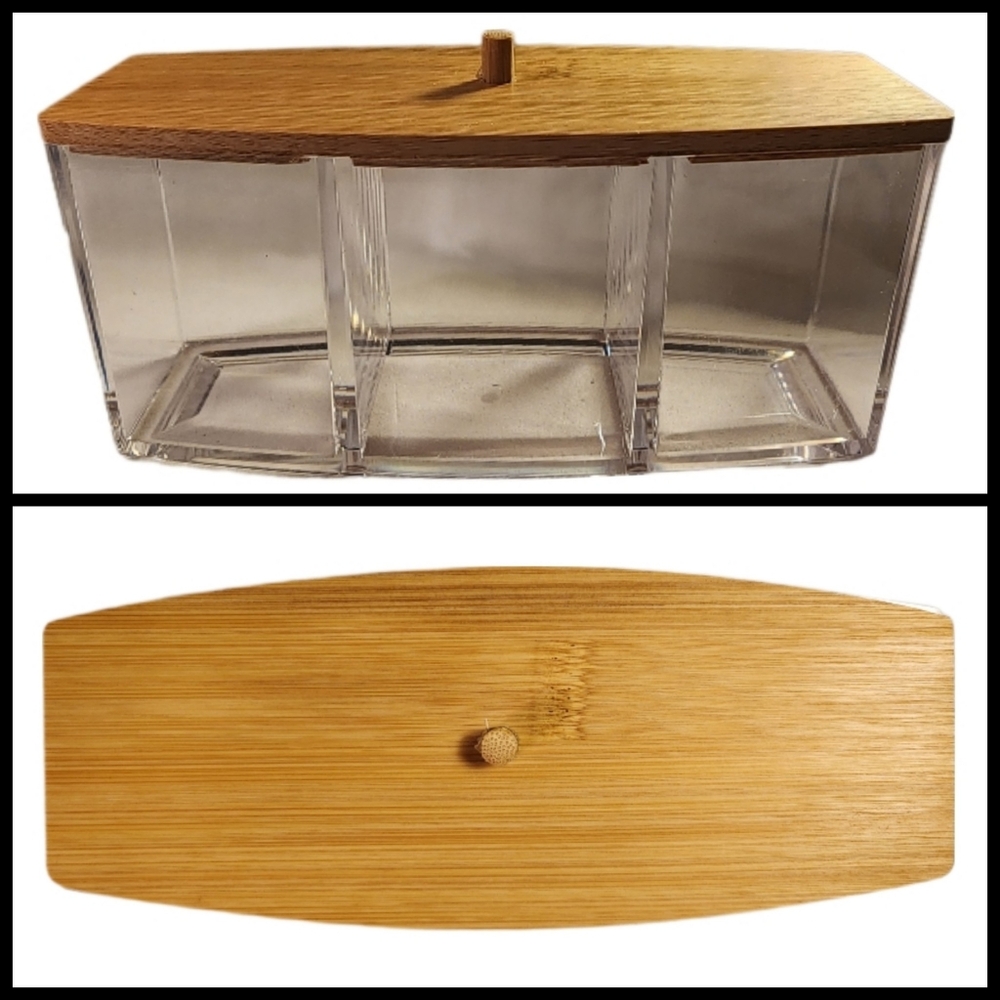 Clear Acrylic Bin with 3 Sections & Wood Top~NWOT